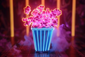 Poster - a decorative vase filled with colorful flowers surrounded by vibrant neon lights, great for use in a