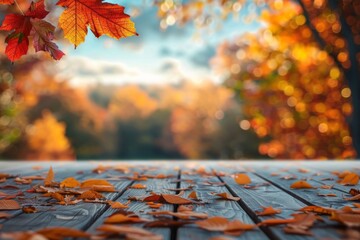 Wall Mural - wooden table with autumn leaves