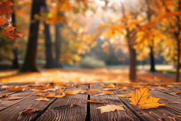 Wall Mural - wooden table with autumn leaves