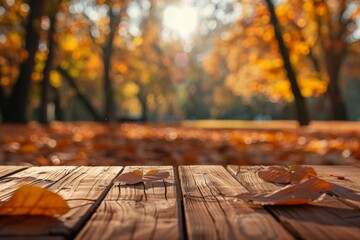 Wall Mural - wooden table with autumn leaves