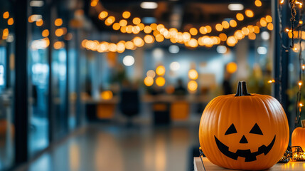 blurred office with fantastic Halloween party decoration