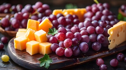 Canvas Print - A wooden board with a variety of fruits and cheese on it