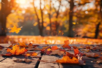 Wall Mural - wooden table with autumn leaves