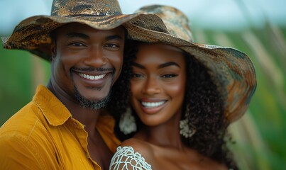 A joyful couple laughs together, enjoying each other�s company against a grassy background.