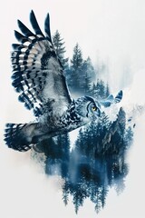 Wall Mural - Powerful owl flying through snowy mountain forest double exposure