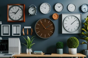 Poster - A desk with multiple clocks on the wall, perfect for an office or study setting