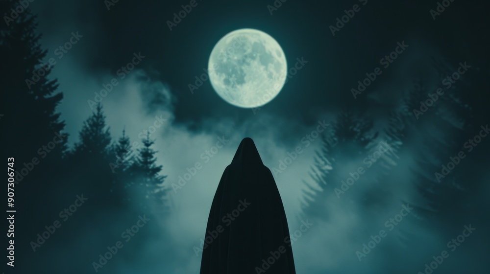 Enigmatic figure in a cloak traversing an ancient forest, the moon ...