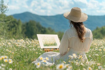 Wall Mural - Tranquil Woman Painting in Ethereal Meadow, Blending Relaxation and Creativity with Nature's Backdrop