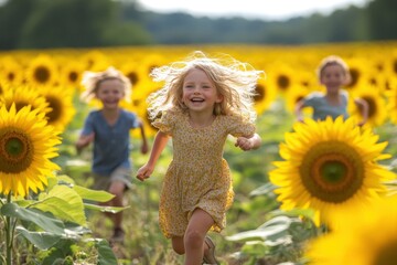 Carefree Kids in a Whimsical Sunflower Field: Mindfulness in Motion with Overlay of Sunflower Field Backdrop