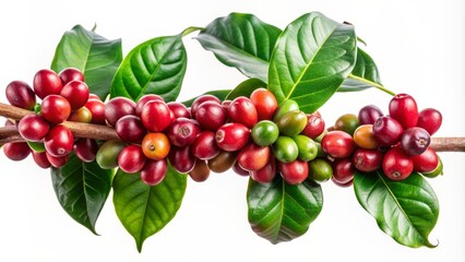 Freshly harvested coffee beans clinging to a lush green tree branch with vibrant leaves, isolated on a pristine white background, evoking a sense of serenity.