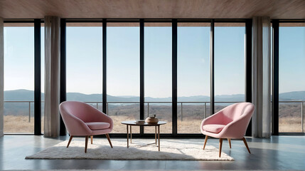 Minimalist interior, featuring stylish pink chair and table positioned near large window that offers expansive view of calm blue sky. Natural light, enhancing the soft textures and pastel tones