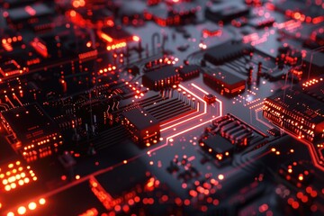 Poster - a high-angle shot of a circuit board with glowing red lights, suitable for use in technology and inn