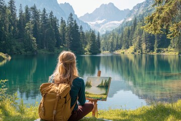 Wall Mural - Serene Woman Painting with Ethereal Lake Backdrop - Find Creativity and Mindfulness in Nature's Beauty