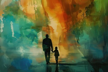 Wall Mural - A heartwarming scene of a man and a child holding hands, perfect for family or friendship illustrations