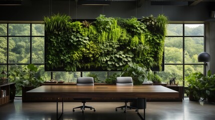 A large green wall of plants is above a wooden desk with two chairs