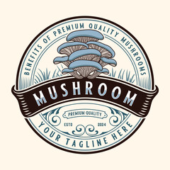 mushroom logo. emblem design organic plant mushroom farming banner label brand vector illustration