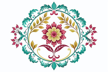 Wall Mural - Circular Floral Design with Green and Red Foliage