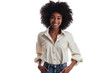 © venusvi - Afro woman posing with a relaxed smile, hands in pockets, casual chic outfit, Isolated on white background