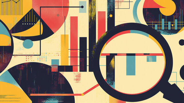 A typography-focused design featuring motivational financial phrases and keywords, creatively arranged around an abstract outline of a magnifying glass and graphs.