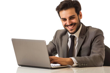 Wall Mural - Business executive smiling at laptop screen Isolated on white background