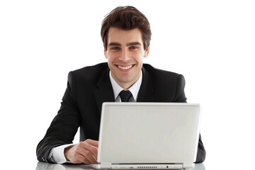 Aufkleber - Business executive smiling at laptop screen Isolated on white background