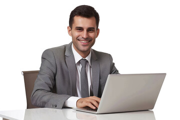 Wall Mural - Businessman in suit working on laptop smiling Isolated on white background