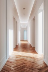 Wall Mural - A long corridor with wooden floors and white walls, suitable for use in interior design or architecture projects