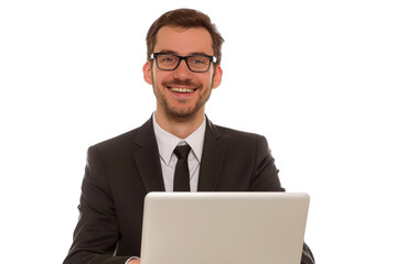 Aufkleber - Businessman in suit working on laptop smiling Isolated on white background