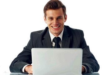 Aufkleber - Businessman in suit working on laptop smiling Isolated on white background