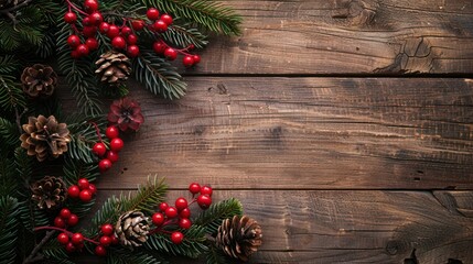 rustic christmas: evergreen branches & berries on wooden background with copy space