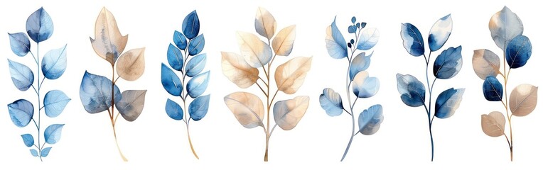 Watercolor Leaves Collection: Abstract Blue and Beige Painting