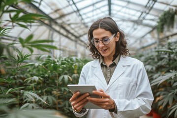 Poster - A woman in a lab coat holds a tablet, ready for work or research