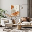 © DesignDreams - Interior poster frame mockup with modern furniture and stylish decor, ideal for showcasing artwork in a contemporary setting.