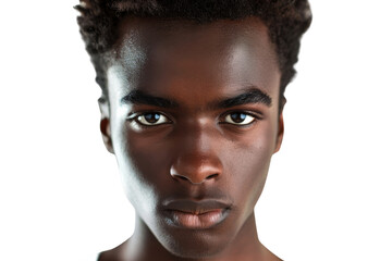 Front view of a young African American male with an intense gaze Isolated on white background