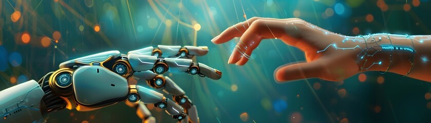 Poster - A robotic hand reaches towards a human hand, symbolizing the future of technology.
