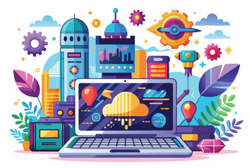 Futuristic Laptop with Cloud Computing and Technology Elements