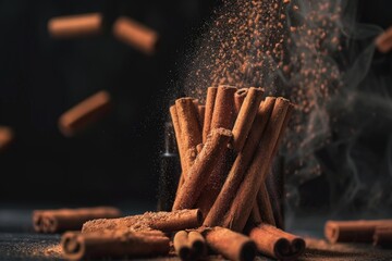 Wall Mural - Close-up of cinnamon sticks coated with cinnamon powder, ideal for photography or cooking