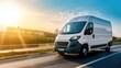 © SSTC AI Photo&Video - A white delivery van parked in an urban area during sunset, highlighting logistics and transportation services..