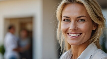 Wall Mural - Portrait of happy female real estate agent businesswoman in front of buyer couple people in blurred background. Homeownership relocation concept