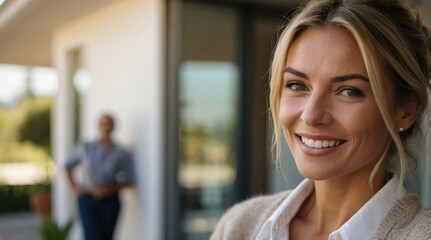 Wall Mural - Portrait of happy female real estate agent businesswoman in front of buyer couple people in blurred background. Homeownership relocation concept