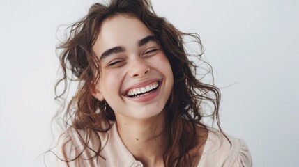 Wall Mural - A woman with long brown hair smiles with her eyes closed, looking relaxed and happy