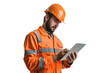© venusvi - Male engineer in hard hat using tablet, isolated on white background