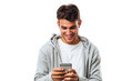 © venusvi - Man with a big smile texting on his phone Isolated on white background