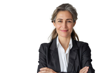 Wall Mural - Middle aged female entrepreneur with ponytail in professional outfit smiling Isolated on white background