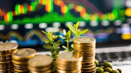 Two small plants growing on stacks of gold coins, representing investment, financial growth, and sustainability, set against a blurred, sunlit background..