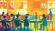 © Super - A colorful illustration of a computer lab, students learning coding, and teacher assisting