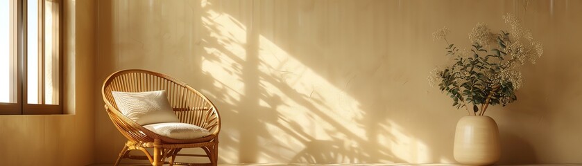 A cozy sunlit room with a wicker chair and a vase of flowers. Natural light creates a warm and relaxing atmosphere.