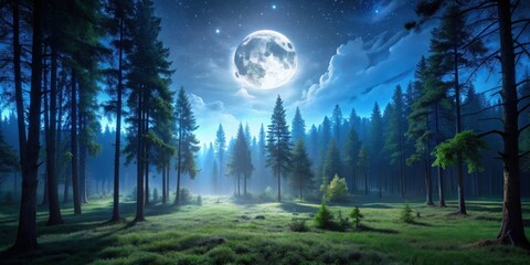 Wall Mural - Night landscape in the forest with moonlight shining through the trees, forest, night, landscape, moonlight, trees, nature