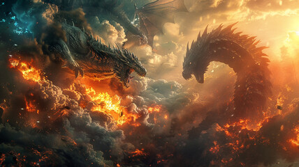 Epic battle between two massive dragons above fiery mountains at dusk