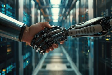Aufkleber - A person shakes hands with a robot in a server room, a scene of human-robot collaboration